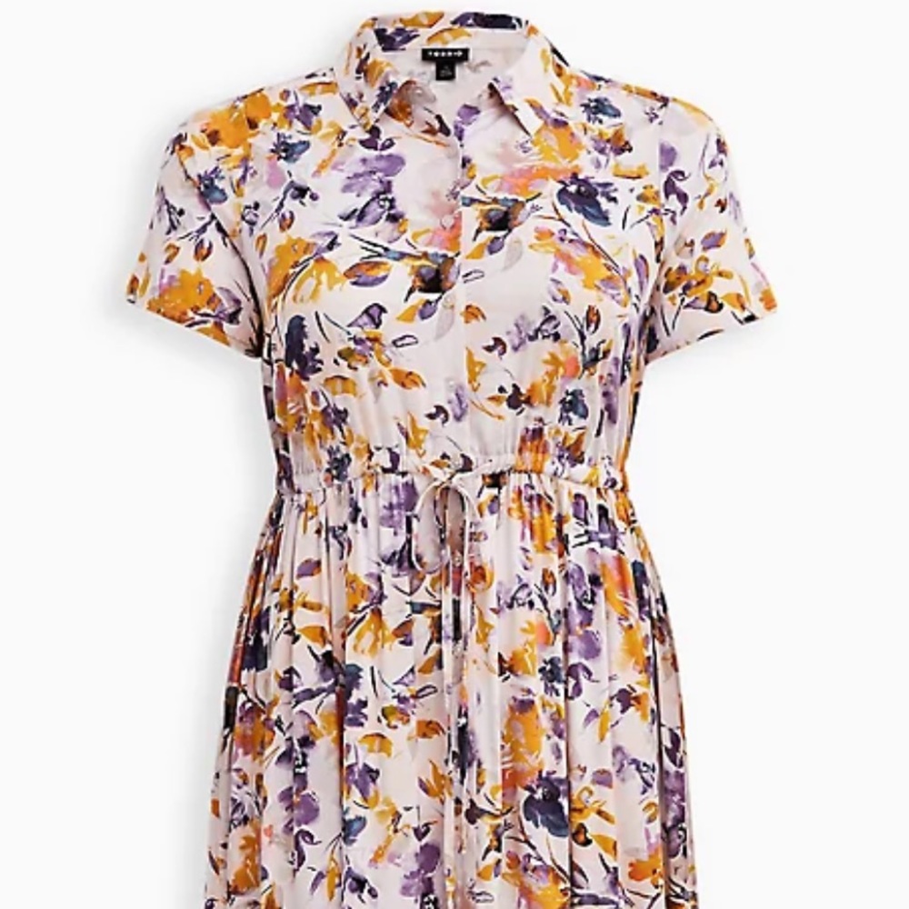 TORRID TIERED MIDI DRESS - STRETCH CHALLIS FLORAL PINK 1X - Picture 5 of 6